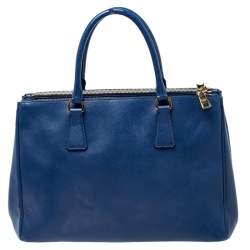 Pre Owned Prada Blue Saffiano Lux Leather Medium Double Zip Tote