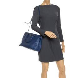 Pre Owned Prada Blue Saffiano Lux Leather Medium Double Zip Tote