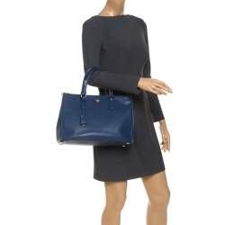 Pre Owned Prada Blue Saffiano Lux Leather Medium Double Zip Tote