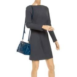 Pre Owned Prada Blue Saffiano Lux Patent Leather Small Double Zip Tote