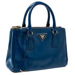 Pre Owned Prada Blue Saffiano Lux Patent Leather Small Double Zip Tote