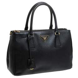 Pre Owned Prada Black Saffiano Lux Leather Small Double Zip Tote