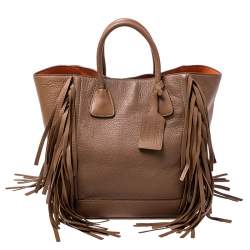 Pre Owned Prada Brown Leather Cervo Fringe Tote