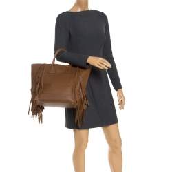 Pre Owned Prada Brown Leather Cervo Fringe Tote