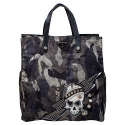 Prada Green Camouflage Nylon Skull Shopper Tote Bag
