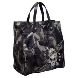 Prada Green Camouflage Nylon Skull Shopper Tote Bag