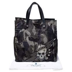 Prada Green Camouflage Nylon Skull Shopper Tote Bag