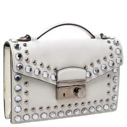 Pre Owned Prada Off White Studded Saffiano Leather Mini Sound Crossbody Bag