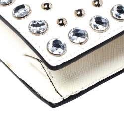 Pre Owned Prada Off White Studded Saffiano Leather Mini Sound Crossbody Bag