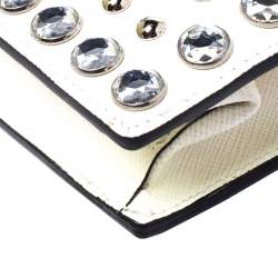 Pre Owned Prada Off White Studded Saffiano Leather Mini Sound Crossbody Bag