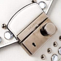 Pre Owned Prada Off White Studded Saffiano Leather Mini Sound Crossbody Bag