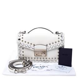 Pre Owned Prada Off White Studded Saffiano Leather Mini Sound Crossbody Bag
