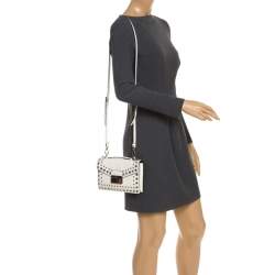 Pre Owned Prada Off White Studded Saffiano Leather Mini Sound Crossbody Bag