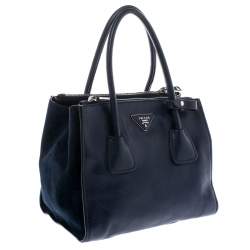 Pre Owned Prada Navy Blue Leather and Suede Twin Pocket Double Handle Tote