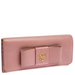 Pre Owned Prada Pink Saffiano Leather Bow Continental Wallet