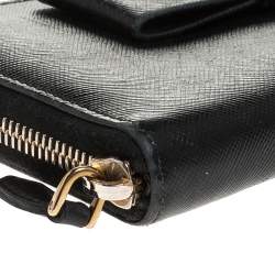Pre Owned Prada Black Saffiano Lux Leather Bow Zip Around Wallet 
