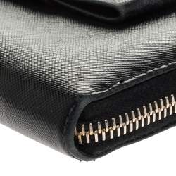 Pre Owned Prada Black Saffiano Lux Leather Bow Zip Around Wallet 