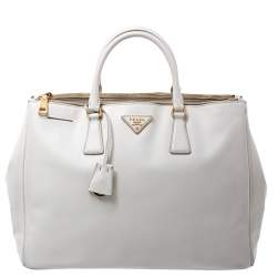 Pre Owned Prada White Saffiano Lux Leather Large Double Zip Tote