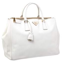 Pre Owned Prada White Saffiano Lux Leather Large Double Zip Tote