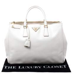 Pre Owned Prada White Saffiano Lux Leather Large Double Zip Tote