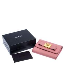 Pre Owned Prada Pink Saffiano Leather Bow Flap Trifold Wallet