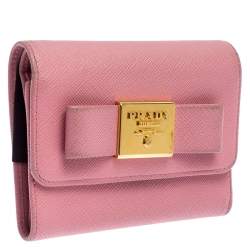 Pre Owned Prada Pink Saffiano Leather Bow Flap Trifold Wallet