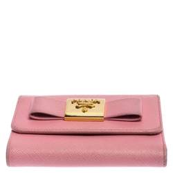 Pre Owned Prada Pink Saffiano Leather Bow Flap Trifold Wallet