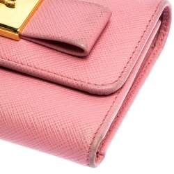 Pre Owned Prada Pink Saffiano Leather Bow Flap Trifold Wallet