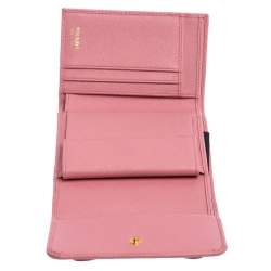 Pre Owned Prada Pink Saffiano Leather Bow Flap Trifold Wallet