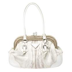 Pre Owned Prada Beige/Cream Canvas and Leather Kiss Lock Satchel