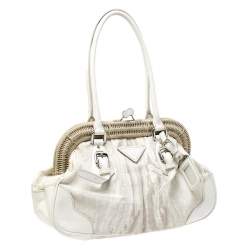 Pre Owned Prada Beige/Cream Canvas and Leather Kiss Lock Satchel