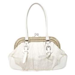 Pre Owned Prada Beige/Cream Canvas and Leather Kiss Lock Satchel