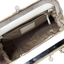 Pre Owned Prada Beige/Cream Canvas and Leather Kiss Lock Satchel