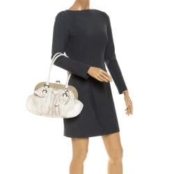 Pre Owned Prada Beige/Cream Canvas and Leather Kiss Lock Satchel