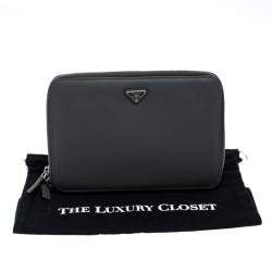 Pre Owned Prada Grey Saffiano Leather Small Zip Around Portfolio