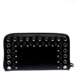 Pre Owned Prada Black Crystal Embellished Leather Zip Around Wallet