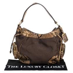 Pre Owned Prada Brown/Beige Jacquard Logo Canvas and Python Double Side Pocket Shoulder Bag