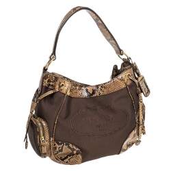 Pre Owned Prada Brown/Beige Jacquard Logo Canvas and Python Double Side Pocket Shoulder Bag
