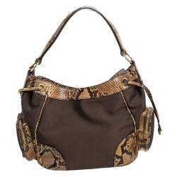 Pre Owned Prada Brown/Beige Jacquard Logo Canvas and Python Double Side Pocket Shoulder Bag