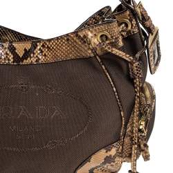 Pre Owned Prada Brown/Beige Jacquard Logo Canvas and Python Double Side Pocket Shoulder Bag