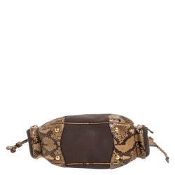 Pre Owned Prada Brown/Beige Jacquard Logo Canvas and Python Double Side Pocket Shoulder Bag