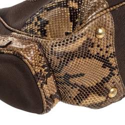 Pre Owned Prada Brown/Beige Jacquard Logo Canvas and Python Double Side Pocket Shoulder Bag