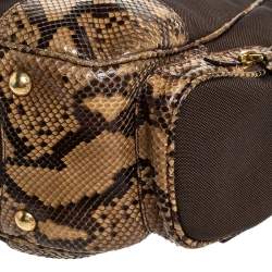 Pre Owned Prada Brown/Beige Jacquard Logo Canvas and Python Double Side Pocket Shoulder Bag