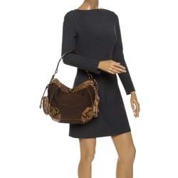 Pre Owned Prada Brown/Beige Jacquard Logo Canvas and Python Double Side Pocket Shoulder Bag