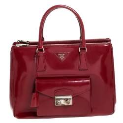 Pre Owned Prada Red Patent Leather Front Pocket Double Zip Lux Tote