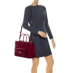 Pre Owned Prada Red Patent Leather Front Pocket Double Zip Lux Tote