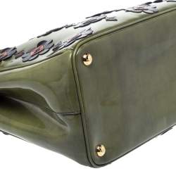 Pre Owned Prada Military Green Fiori Patent Leather Medium Double Zip Tote