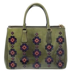 Pre Owned Prada Military Green Fiori Patent Leather Medium Double Zip Tote