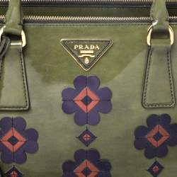 Pre Owned Prada Military Green Fiori Patent Leather Medium Double Zip Tote