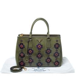 Pre Owned Prada Military Green Fiori Patent Leather Medium Double Zip Tote